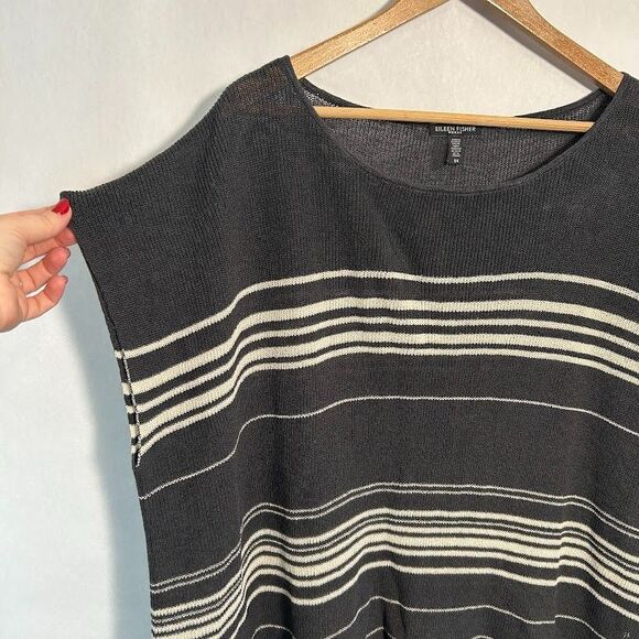 Eileen Fisher 3X Organic Linen Bateau Neck Poncho Top Gray Striped Crepe Knit - Picture 5 of 7